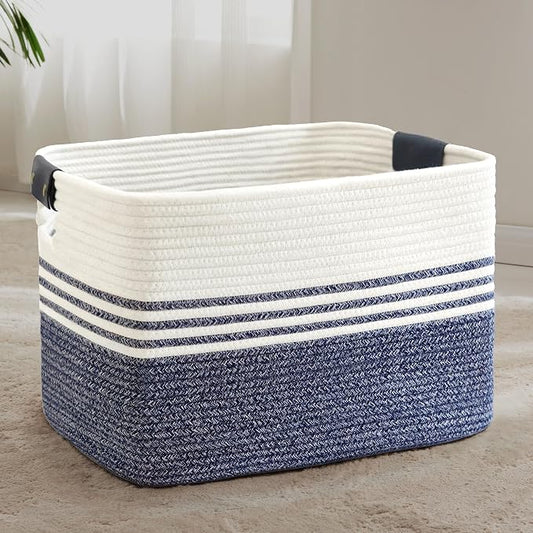 86L Woven Laundry Basket Hamper with Leather Handles,Denim Blue | collapsible wicker hamper, storage for dirty clothes, toys, blankets, gifts, living room, bedroom, bathroom, 24"x16"x14"