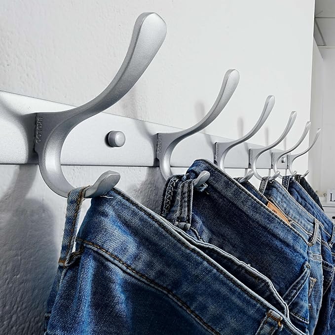 SKOLOO Coat Rack Wall Mounted - 6 Hooks, Pack of 2, Heavy Duty, Stainless Steel, Metal Wall Hanger, Sturdy Coat Hooks for Hanging Coats, Jacket, Clothes, Hat, Cold Light Silver