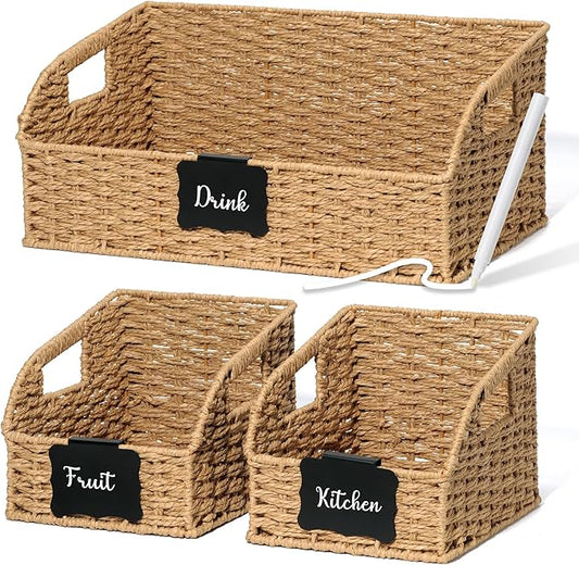 Pantry Organizers, Handwoven Large Wicker Baskets for Shelves & Kitchen, Labeled Storage Baskets for Organizing with Handles - Paper Storage Bins for Shelves, 3 Pack, Natural