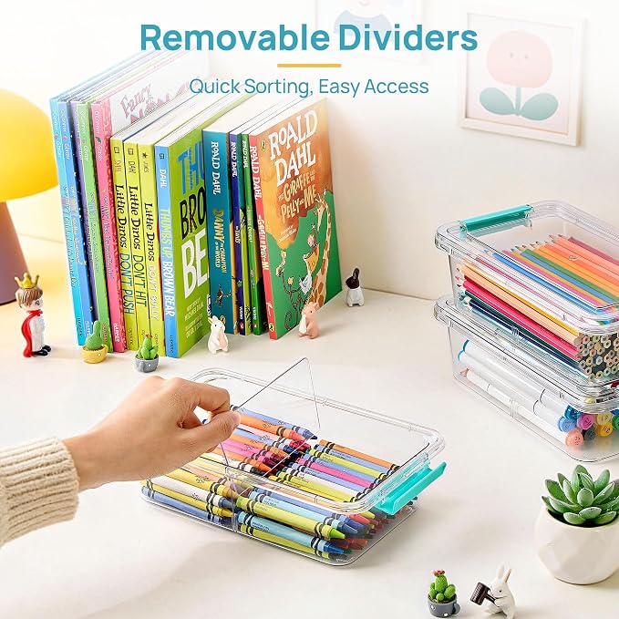 Vtopmart 4 Pack 1.5Qt Clear Pencil Box, Plastic Pencil Holder with Removable Divider for Pen Organizer, Small Stackable Containers with Lid for Pen, Art Craft, Sticker, Scrapbook & Office Supplies