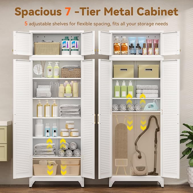 Polup 90" Tall Metal Kitchen Pantry Storage Cabinet with Doors and Shelves | Heavy-Duty White Cabinet, 5 Adjustable Shelving, Gold Handles, Louvered Doors, for Dining Living Room, Bathroom & Garage