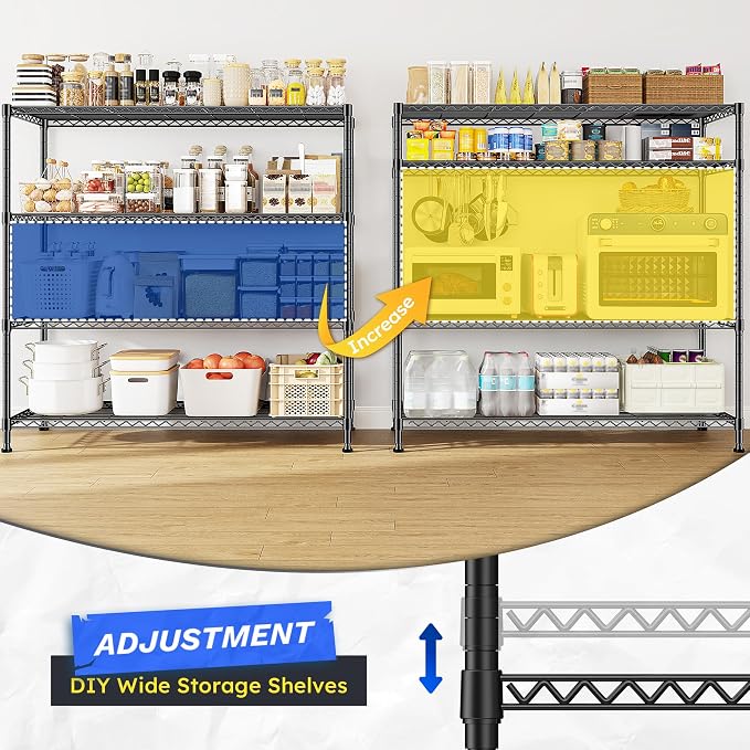 DurayLoly Extra-Wide 4-Tier 800LBS Storage Rack, Adjustable Shelves, Black | Heavy-duty Commercial steel, Tool-free assembly, Rustproof, 45"W x 13.5"D x 59.4"H, For kitchen garage pantry basement