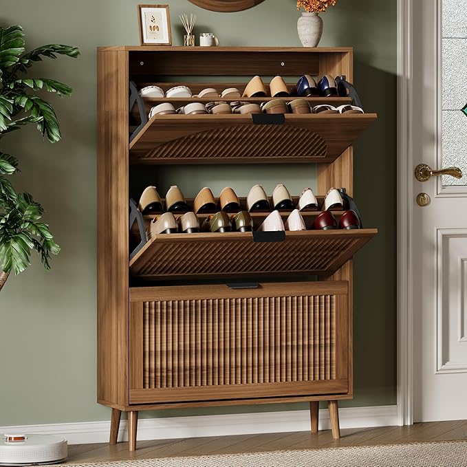 Xixini Shoe Storage Cabinet with 3 Flip Drawers, 50" Tall Narrow Wood Fluted Shoe Organizer for Entryway, Freestanding Wooden Hidden Slim Shoe Rack for Front Door Entrance, Hallway, Foyer, Dark Walnut