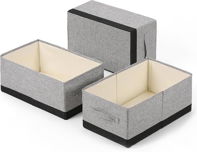 Linen Folding Storage Bins, 3 Pack Large Storage Baskets, Washable, Clothing Storage Bins with Handle, Closet Organizer for Storage Sweater,Sheets (gray black, 18½"x11 x8½)