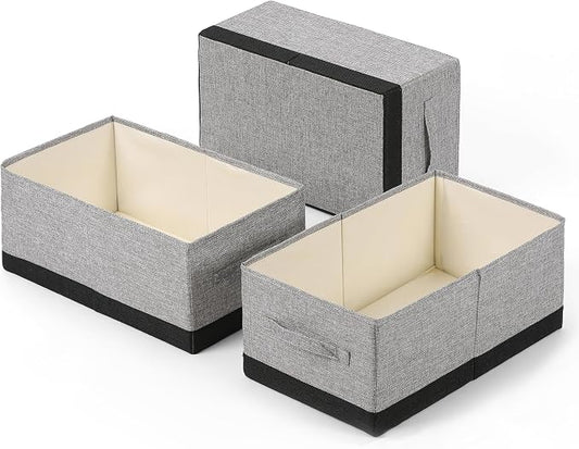 Linen Folding Storage Bins, 3 Pack Large Storage Baskets, Washable, Clothing Storage Bins with Handle, Closet Organizer for Storage Sweater,Sheets (gray black, 18½"x11 x8½)