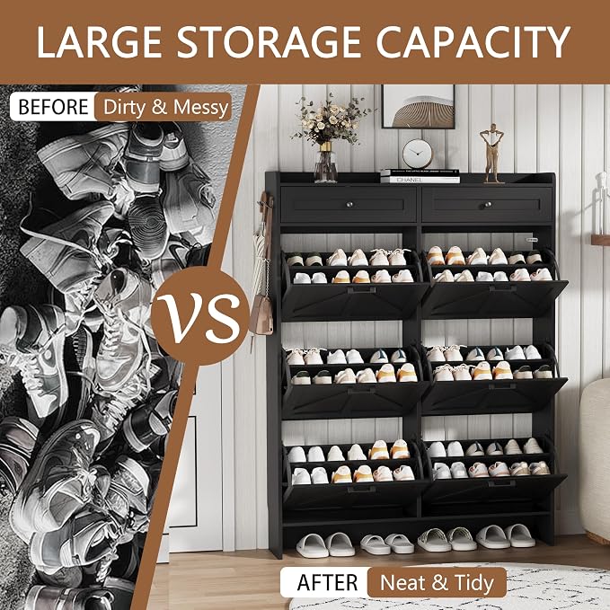 Shoe Cabinet with 6 Flip Drawers & 2 Top Drawers, 57" Tall Freestanding Narrow Wooden Shoe Storage Organizer for Entryway, Hidden Slim Shoe Rack for Front Door Entrance, Hallway, Living Room, Black