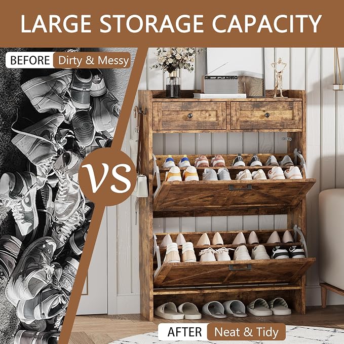 Shoe Cabinet with 2 Flip Drawers & 2 Top Drawers, 43" Tall Freestanding Narrow Wooden Shoe Storage Organizer for Entryway, Hidden Slim Shoe Rack for Front Door Entrance, Hallway, Living Room, Brown