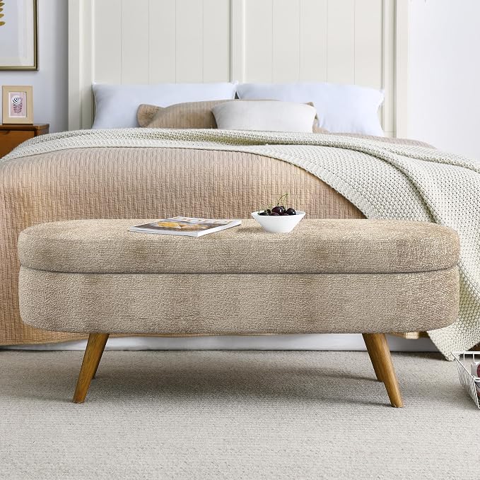 43.5” Storage Ottoman Bench，Upholstered Oval End of Bed Bench for Bedroom | Modern Linen Ottoman with Storage, Entryway Foot Rest with Wooden Legs, Lift-Top Lid with Safety Hinge, Living Room,Brown