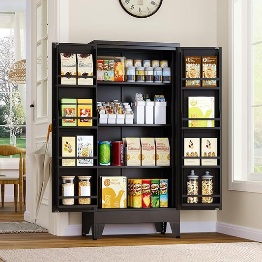 GAIOUS Metal Kitchen Pantry Cabinet, Storage Cabinets with 2 Door and 3 Adjustable Shelves, Black Freestanding Food Storage Cabinet, Steel Cupboard for Kitchen Dinning Room