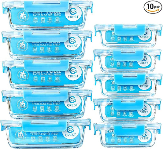 C CREST Glass Meal Prep Containers, [10 Pack] Glass Food Storage Containers with Lids, Airtight Bento Boxes, BPA Free & Leak Proof (10 Lids & 10 Containers)