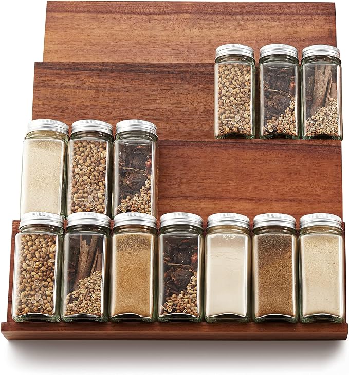 Tinamo Acacia Wooden Spice Rack Organizer for Cabinet - Spice Drawer Insert, Spice Organization for Cabinet, Seasoning Organizer, Spice Holder Pack of 4 (Acacia pack 4) | Acacia Wood Construction, No assembly Required, Stackable 4-tray Design, Spacious...