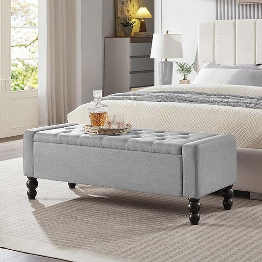 50" W Storage Ottoman Bench with Safety Hinge, Load up to 660 lb Ottoman with Storage, Upholstered Tufted Entryway Bench with Seating for Living Room, Bedroom, Light Gray