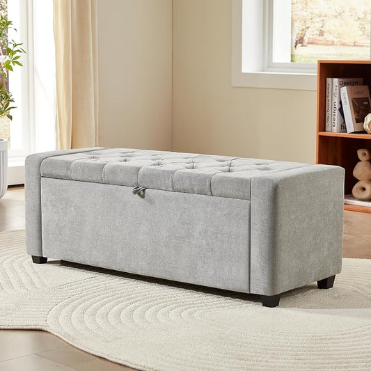 Royal Windsor Ottoman with Storage,Tufted Storage Bench with Safety Hinge,Holds up to 350 lb,Upholstered Bench with Seating for Bedroom, Living Room,Entryway,Linen Light Gray