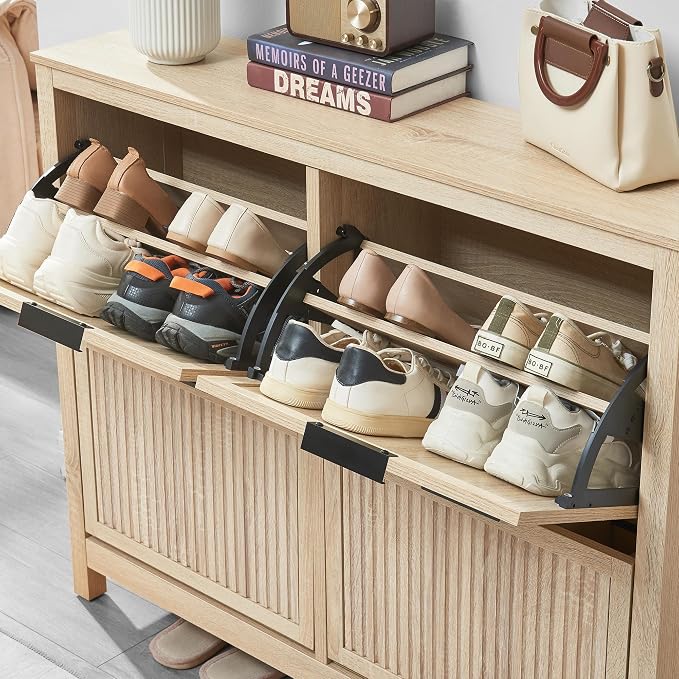 4-Flip Drawer Shoe Cabinet Narrow Entryway Rack, Oak | Vertical Wood Grain, Metal Handles, Adjustable Compartments, Removable Shelf, Anti-Tip Device, for Hallway Foyer Entryway
