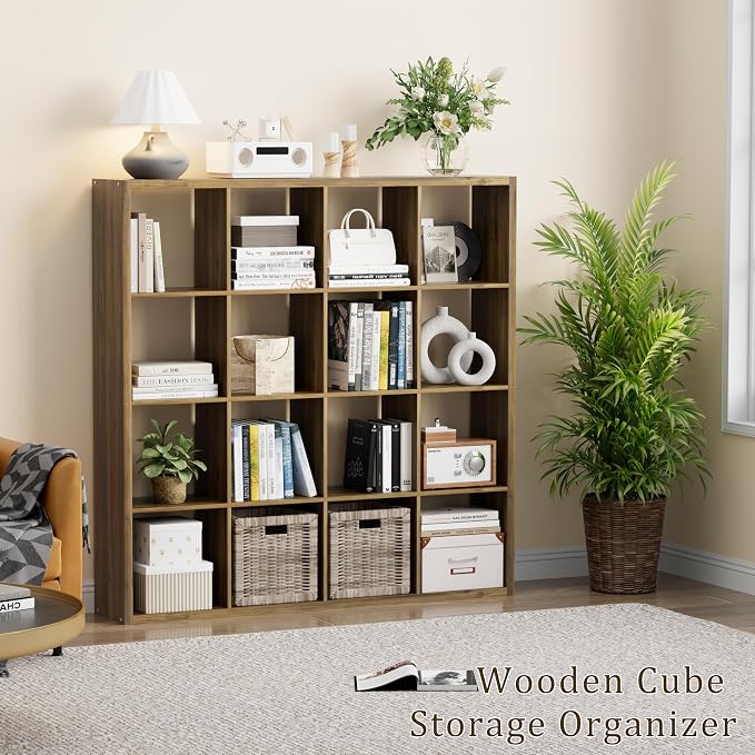 VDNEND Cube Storage Organizer Bookcase, Decorative 11 inch Open Back Cubical Shelf with Thickened Border, Display Bookshelf for Living Room, Home Office, Sturdy Room (Brown, 16 Cube)