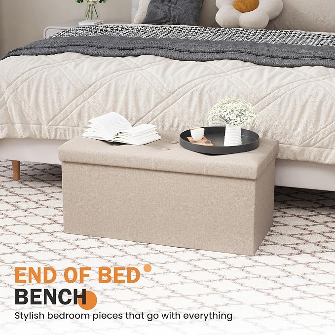 Youdesure 30 Inch Folding Storage Ottoman, Faux Leather Storage Ottoman Bench with Padded Seat, Storage Foot Rest Supports Up to 350 lbs for Living Room, Bedroom, Hallway, Beige