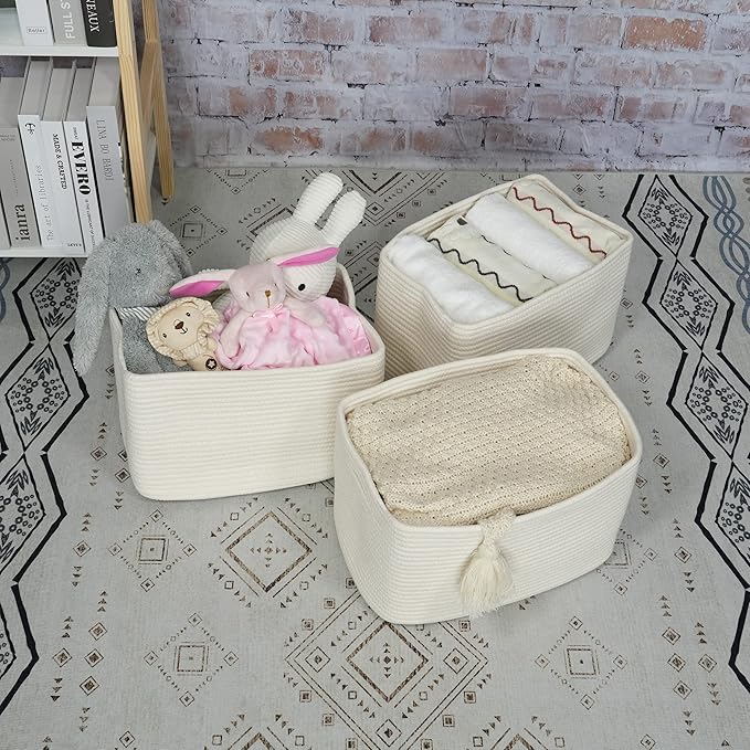 XUANGUO Woven Cotton Rope Storage Baskets 15x10x9.3" 3 Pack White | Decorative rectangular storage baskets for shelves and closets; storage bins organize clothes, toys, books and nursery items.