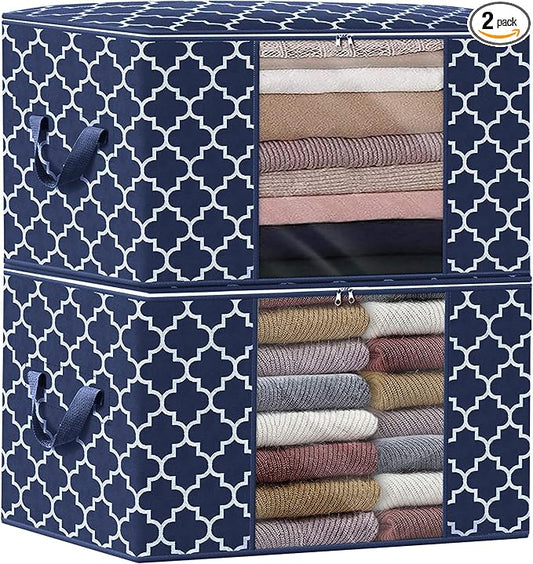 WISELIFE Storage Bags, Large Blanket Clothes Organization and Storage Containers for Bedding, Comforters, Foldable Organizer with Reinforced Handle, Clear Window,Sturdy Zippers,(Blue, 2 x 100L)