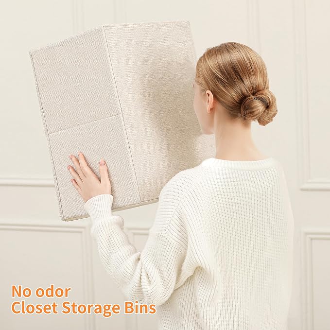 Linen Folding Storage Bins, 3 Pack Large Storage Baskets, Washable, Clothing Storage Bins with Handle, Closet Organizer for Storage Sweater,Sheets(Beige, 18½"x11 x8½)