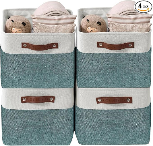 DECOMOMO Storage Bins, Large Fabric Storage Baskets for Shelves 4 Pack | 15 x 11 x 9.5 inches Decorative Linen Closet Organizers (Green & White)