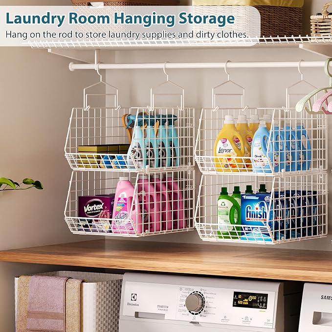 6 Tier Extended Depth Hanging Closet Organizer, Closet Storage Hanging Shelves with Hanging Hooks for Clothes Sweaters Towels Handbags, Stackable Metal Mesh Bins For Closet, Laundry, Bathroom, Dorm