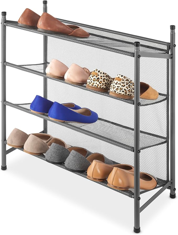 Whitmor Metal & Mesh 4-Tier Shoe Rack, Store up to 12 Pairs of Shoes, Stackable, 9" L x 21.6" W x 27" H, Gunmetal