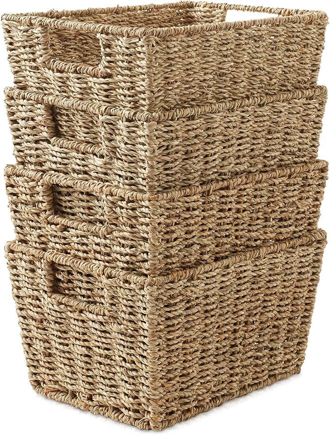 Casafield Set of 4 Seagrass Hyacinth Storage Baskets with Handles - Natural, Woven Storage Bins for Shelves, Blankets, Laundry Organization