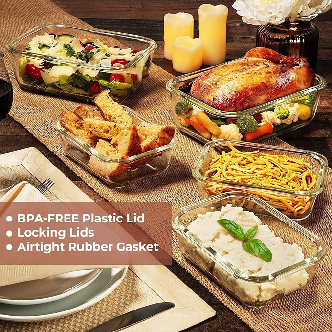 Razab 4 PC 1860ml / 63 Oz / 8 Cups Large Glass Food Storage Containers with Lids - Glass Meal Prep Containers for Roasting & Storing Leftover, Lunch Container with Lids, Microwave & Oven Safe