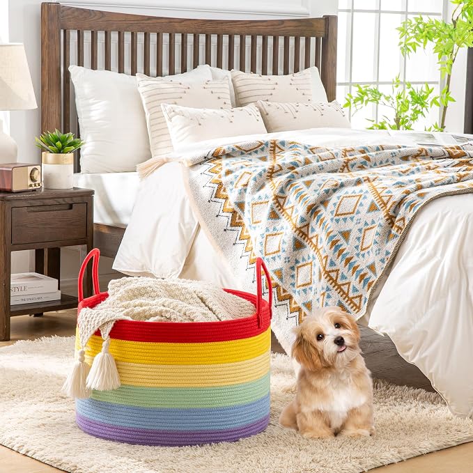 KAKAMAY Large Blanket Basket with Handles, Storage Basket for Living Room | Extra Large Capacity | Natural Cotton Rope | Blanket Storage | Woven Storage Basket | Stuffed Animal Storage | Laundry Basket