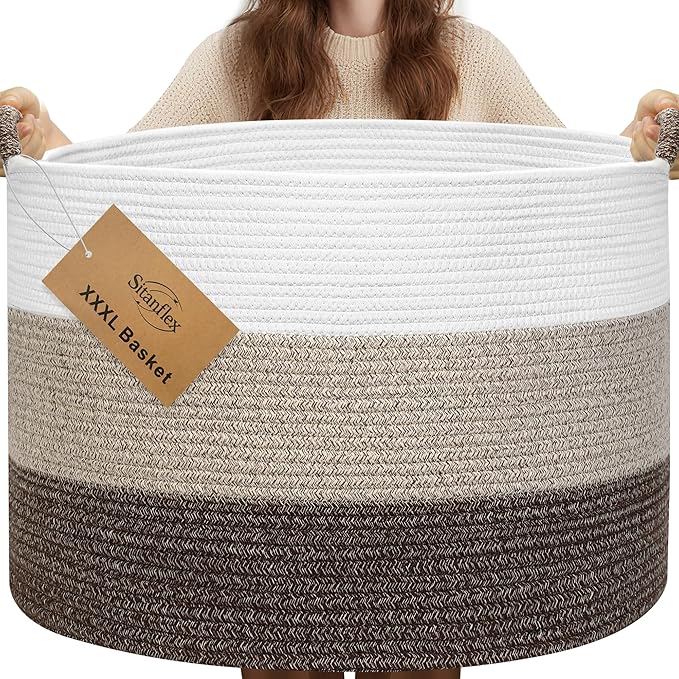 XXXL Large Blanket Basket for Living Room, 21.7" x 13.8" Woven Cotton Rope Laundry Hamper for Pillows, Towels & Toy Storage - Decorative Round Storage Basket with Handles for Nursery, Baby & Dog Toys