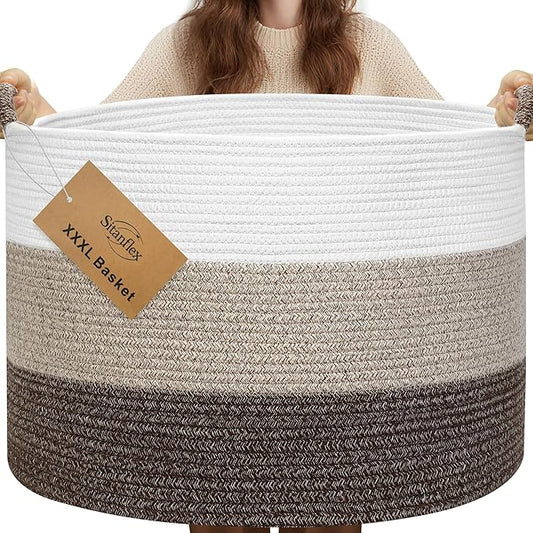 XXXL Large Blanket Basket for Living Room, 21.7" x 13.8" Woven Cotton Rope Laundry Hamper for Pillows, Towels & Toy Storage - Decorative Round Storage Basket with Handles for Nursery, Baby & Dog Toys