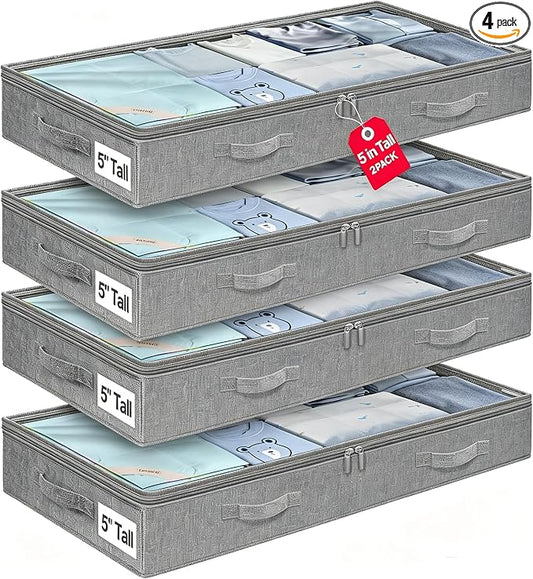 punemi 5 inch High Soft Fabric Low Profile Under Bed Storage, 4 Pack, Grey | Thin Clothes Storage Containers with 3 Handles & Clear Lid, Ideal for Bedding & Blankets, Fits Under Cribs, Sofas & Dorm Beds
