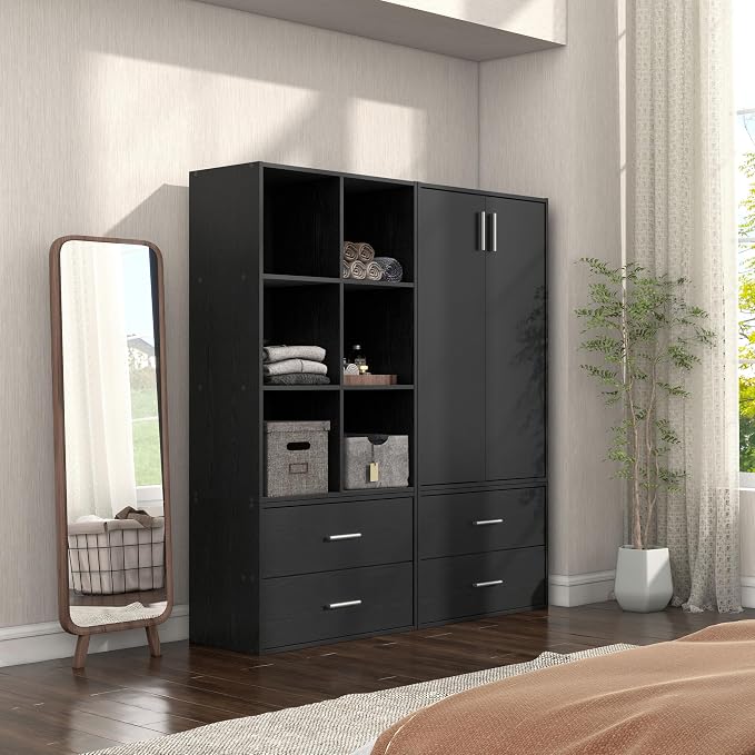 Homes: Inside + Out Apexa 6-Cube Storage Organizer Shelves, Stackable Wood Bookcase Fits Cubby Bins for Organization, Dorm Teen Room Decor & Home Office, Black