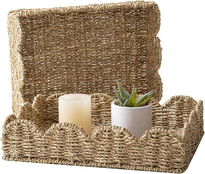 StorageWorks Wicker Scalloped Basket, Large Bathroom Baskets for Organizing | Seagrass Wicker Storage Baskets for Shelves, Handwoven Rectangle Trays for Decor, Shallow Wicker Tray for Ottoman, 2-Pack