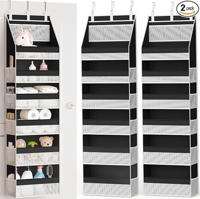 Criusia 2 Pack Over the Door Organizer, Heavy-Duty 6-Shelf Hanging Storage with 13 Mesh Pockets, 55lbs Capacity Behind the Door Storage for Nursery, Bathroom, Bedroom, and Dorm, Black