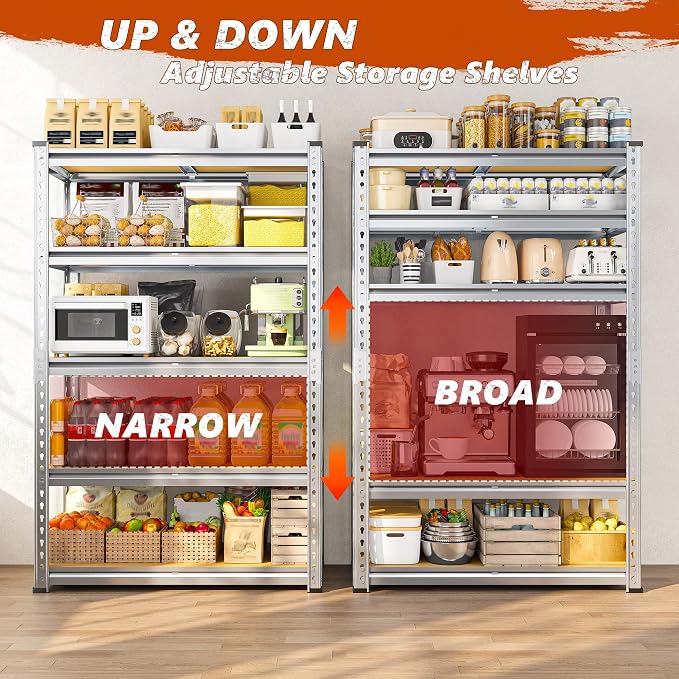 REIBII Garage Shelving, 5 Tier Storage Shelves Load 2400LBS, Adjustable Garage Shelving Heavy Duty, Metal Shelves Unit with Waterproof Columns, 35.5" W x 11.9" D x 72" H, Galvanized, 2 Pack