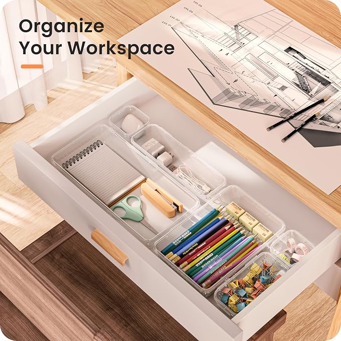 A-LuGei 【46PCS & 5Sizes Clear Drawer Organizer,【Hold 277 Items】 Makeup Organizer, Bathroom Organizers and Storage, Organization and Storage, Organizer Bins for Office Vanity Kitchen Tool Trays
