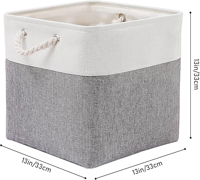 MidmmVick 13 x 13 Inch Cube Storage Bins, 6 Pack Extra Large Collapsible Fabric Storage Bin with Ropes, Foldable Storage Cubes for Home (White & Grey-13"x13"x13")