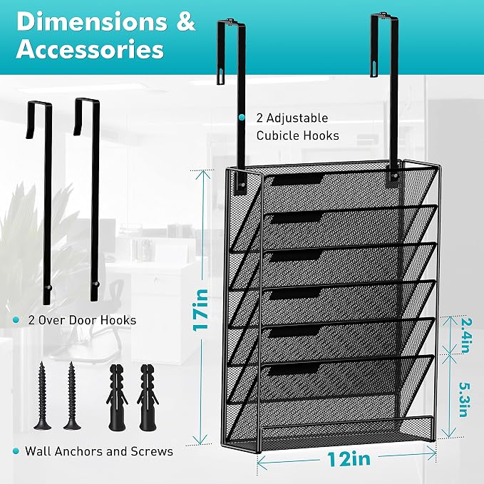 MINDEPOT 7-Tier Wall Hanging File Organizer Cubicle Hanging Organizer Mount File Holder, Mesh Magazine Document Mail Organizer Wall Organizer for Office School Home, Black