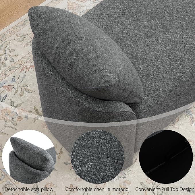 Usaint 58.3" Upholstered Storage Ottoman Bench with 2 Pillows, Charcoal | End of Bed Bench with Curved Arms and Thickened Seat Cushion for Bedroom, Livingroom, Window, Entryway and Dressing Areas