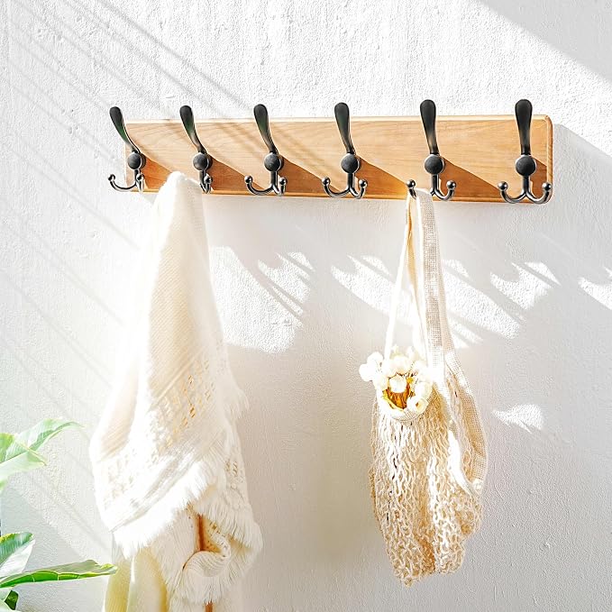 Coat Rack Wall Mounted - 24" Long 6 Tri Hooks, Heavy Duty Wooden Wall Coat Hanger Coat Hook for Clothes Hat Jacket Clothing, Weathered Yellow and Black