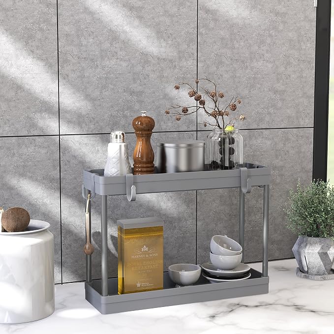 Simple Houseware 2-Tier Under Sink Organizer Storage Tray with Hooks, Grey
