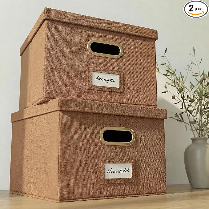 Decorative File Organizer Box Set of 2 - Collapsible Linen Filing Cabinets with Handles Are Perfect to Store All Your Documents & Hanging File Folders - Portable Easy Slide Office Crates with Lid
