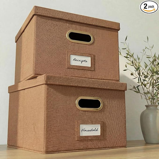 Decorative File Organizer Box Set of 2 - Collapsible Linen Filing Cabinets with Handles Are Perfect to Store All Your Documents & Hanging File Folders - Portable Easy Slide Office Crates with Lid