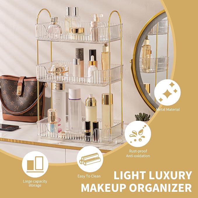 YCIA&DONE Bathroom Organizer Countertop, Makeup Storage, Skincare Cosmetic Tray Shelf, Perfume Holder Rack for Vanity Counter, Large Capacity, Easy to Install, Clean, 3 Tiers, Clear White