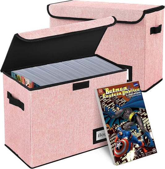 2 Pack Comic Book Storage Box, Comic Protector Organizer, 15.8" X 7.8" X 11.8", Collapsible Comic Short Box, Holds 160-180 Comic Book Container Holder Shelf Bin (Pink)