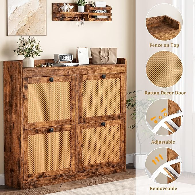 Garvee Shoe Storage Cabinet with 4 Flip Drawers, Wood Shoe Cabinet with Rattan Doors and Adjustable Shelves- Freestanding Shoe Organizer for Entryway, Hallway