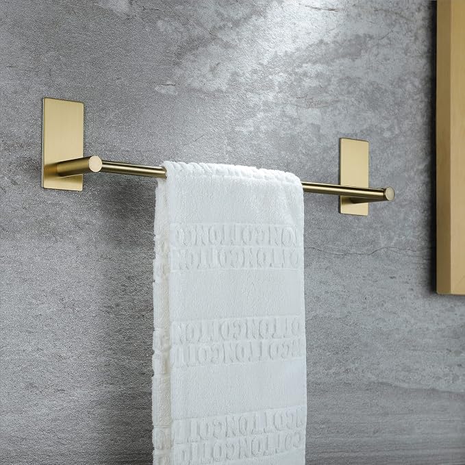 Taozun Golden Towel Bar - Self Adhesive Towel Holder + 2 Packs Hooks, 16-in | Brushed Brass Finish, SUS304 Stainless Steel, Rustproof, No Drilling, Ideal for Bathroom, Kitchen, RV