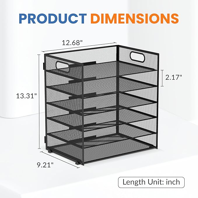 Daltack 6-Tier Paper Organizer for Desk with Handle, Black | Sturdy Metal Mesh Organizer with Movable Middle Trays and a Carry Handle for Papers, Folders and Office Supplies