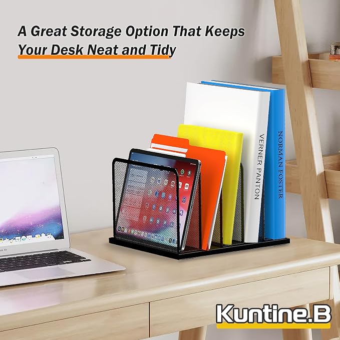 Kuntine.B Desk File Organizer Upright Mesh Desktop Organizer File Sorter Office Organization File Holder for Home, Office & Classroom (Black, 1 Pack 5-Section)